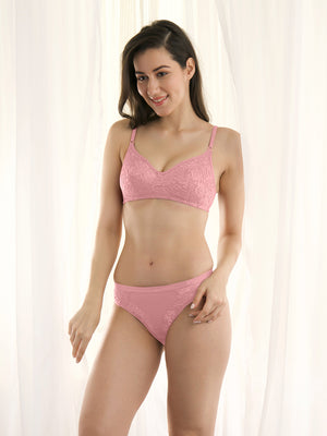 Smarty Non Padded Lace Lingerie Set with
Bikini Panty-PINK