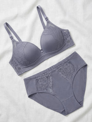 Kalyani Jeniffer Deep Neck Style Wirefree Support Padded Everyday Lace Bra Panty Set | Teal Blue