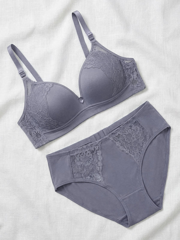Kalyani Jeniffer Deep Neck Style Wirefree Support Padded Everyday Lace Bra Panty Set | Teal Blue