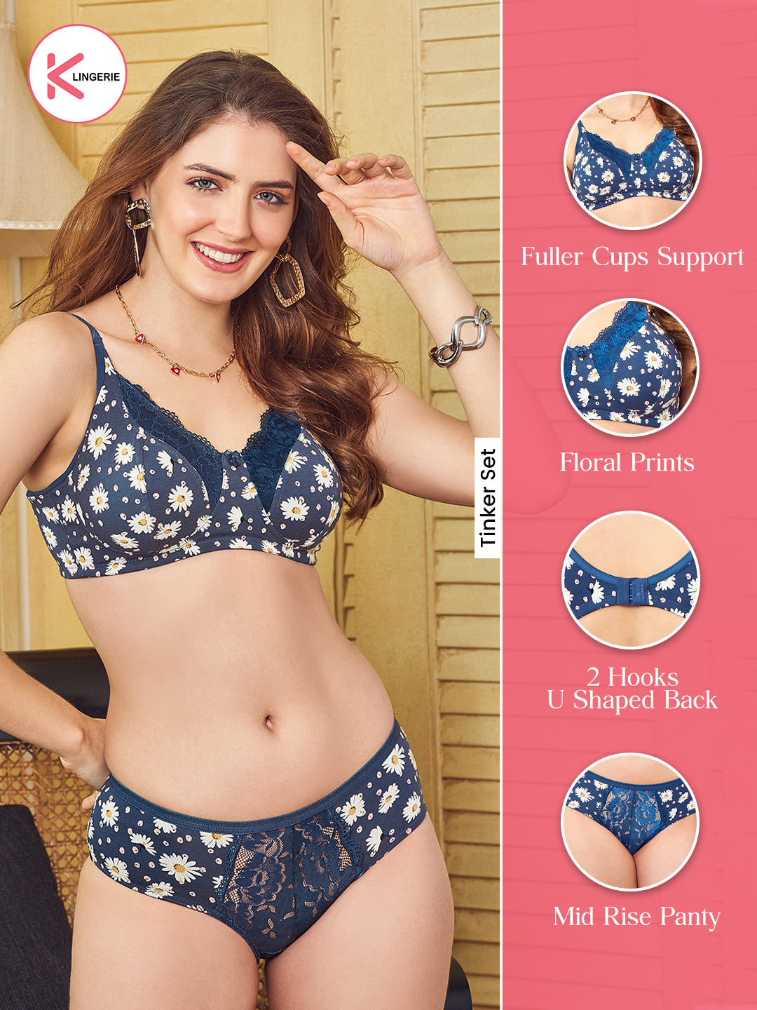 Tinker Non-Wired Lace Printed Lingerie Set-S.BLUE