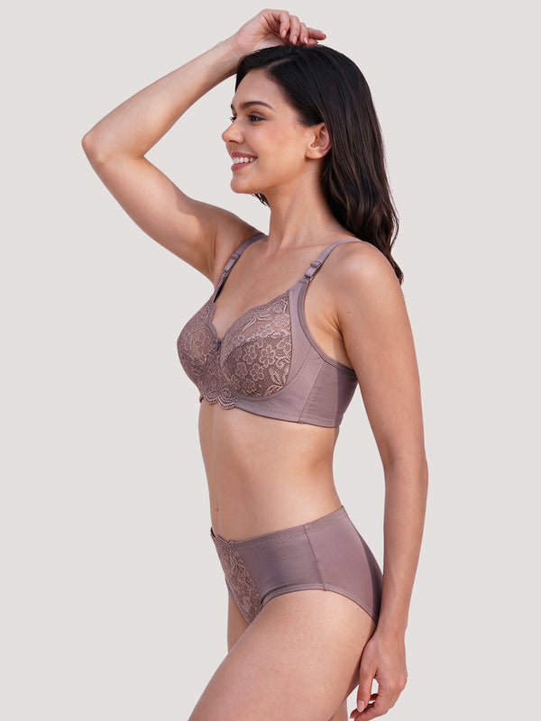 Trinity Full Lace Cups Non Padded Wirefree Support Bridal Lingerie Set | D.Mocha