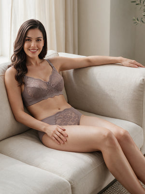 Trinity Full Lace Cups Non Padded Wirefree Support Bridal Lingerie Set | D.Mocha