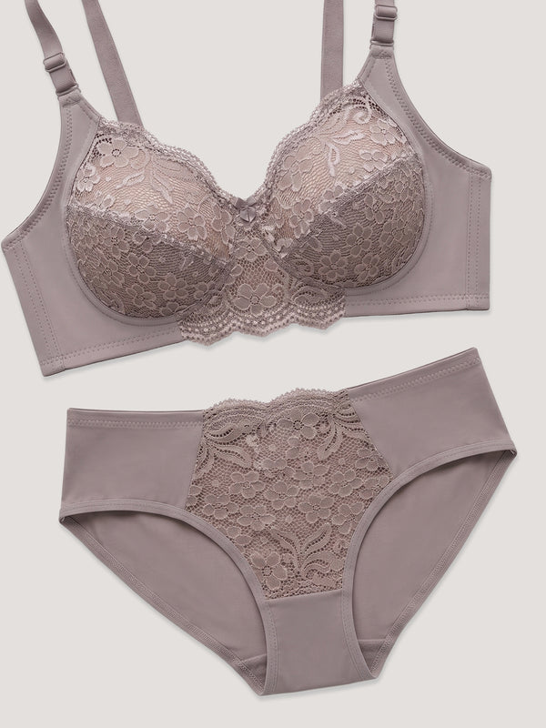 Kalyani Trinity Full Lace Cups Non Padded Wirefree Support Bridal Lingerie Set | D.Mocha
