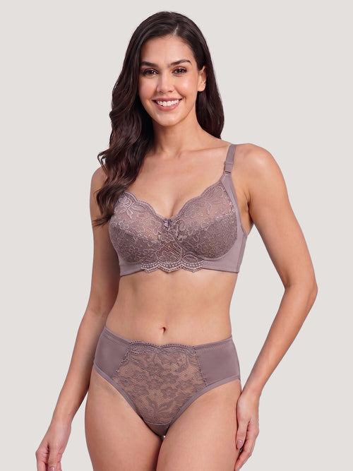 Trinity Full Lace Cups Non Padded Wirefree Support Bridal Lingerie Set | D.Mocha