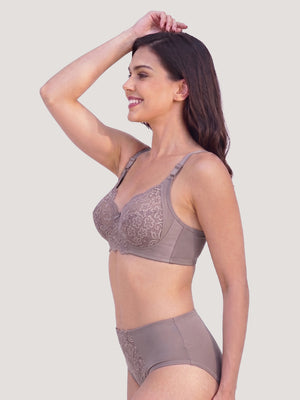 Kalyani Trinity Full Lace Cups Non Padded Wirefree Support Bridal Lingerie Set | D.Mocha