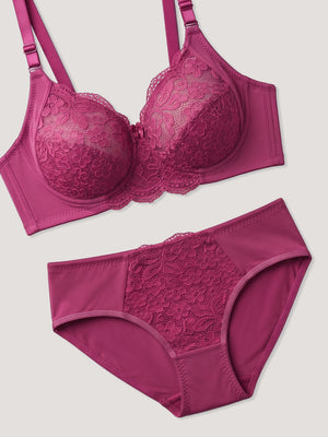 Kalyani Trinity Full Lace Cups Non Padded Wirefree Support Bridal Lingerie Set | L.Wine