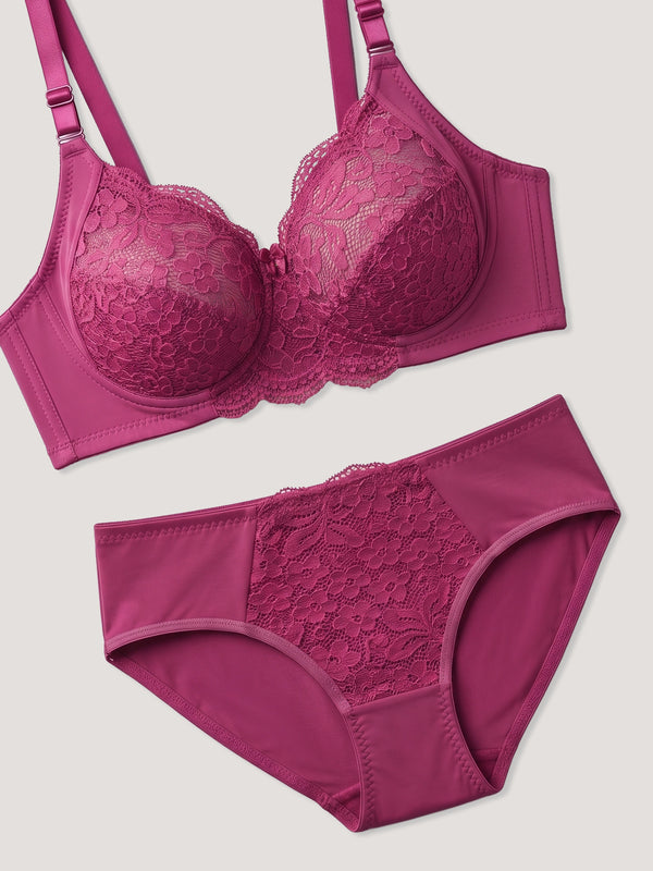 Kalyani Trinity Full Lace Cups Non Padded Wirefree Support Bridal Lingerie Set | L.Wine