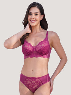 Kalyani Trinity Full Lace Cups Non Padded Wirefree Support Bridal Lingerie Set | L.Wine