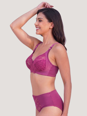 Kalyani Trinity Full Lace Cups Non Padded Wirefree Support Bridal Lingerie Set | L.Wine