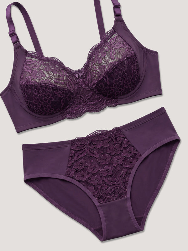 Kalyani Trinity Full Lace Cups Non Padded Wirefree Support Bridal Lingerie Set | Dark Violet