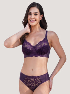 Kalyani Trinity Full Lace Cups Non Padded Wirefree Support Bridal Lingerie Set | Dark Violet