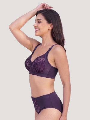 Kalyani Trinity Full Lace Cups Non Padded Wirefree Support Bridal Lingerie Set | Dark Violet