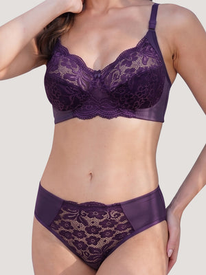 Kalyani Trinity Full Lace Cups Non Padded Wirefree Support Bridal Lingerie Set | Dark Violet