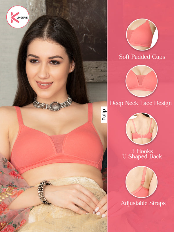 Tulip Deep Neck Soft Padded Bra for Women-CORAL