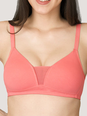 Tulip Deep Neck Soft Padded Bra for Women-CORAL