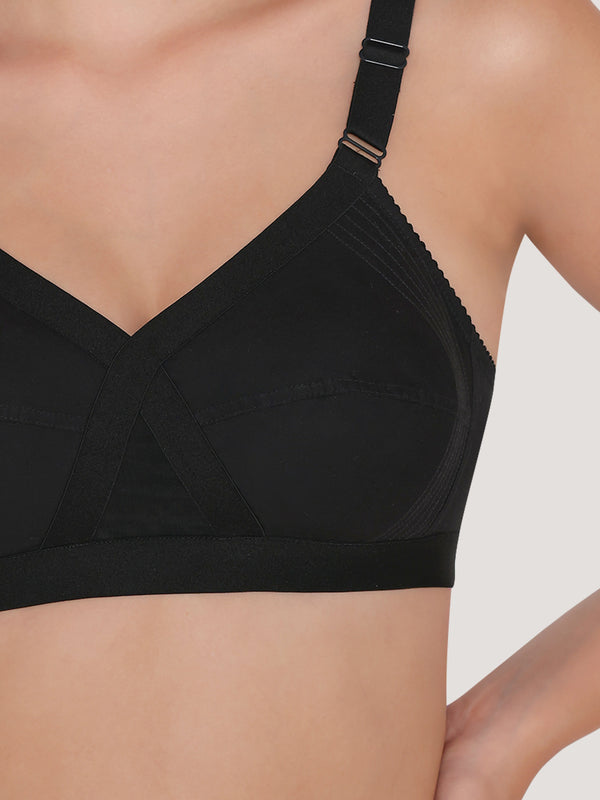 Kalyani Vega Ultimate Support Cross-Front Full Coverage Rich Cotton Bra with Side-Elastic Lift (C-F Cups) | Pack of 2 |CREPE BLACK