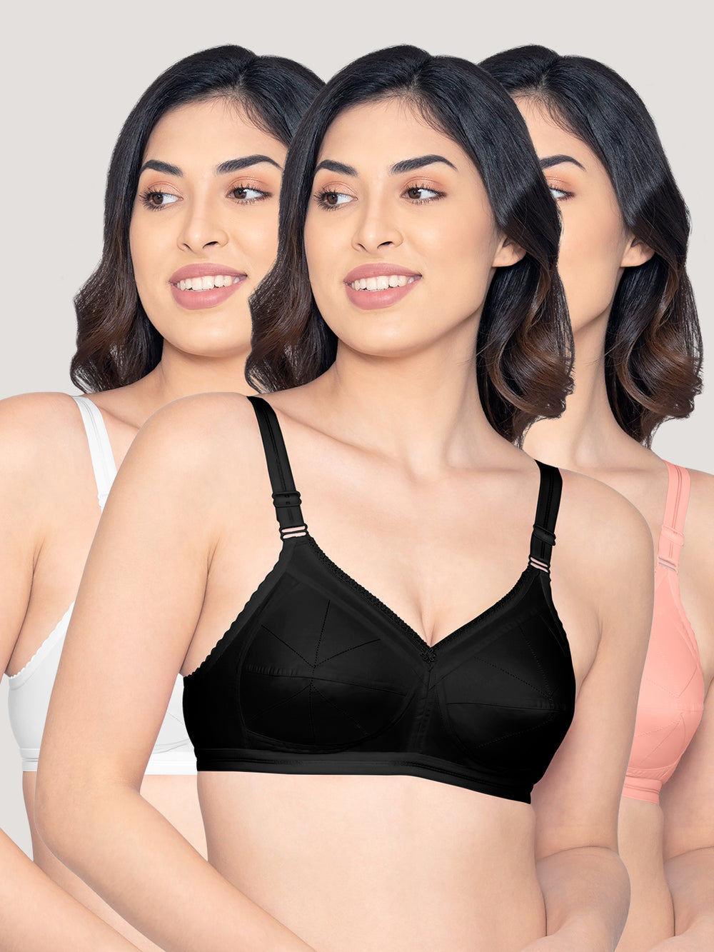 Damini Full Coverage Cotton Everyday Bra | Pack of 3-WHITE BLACK L.PEACH