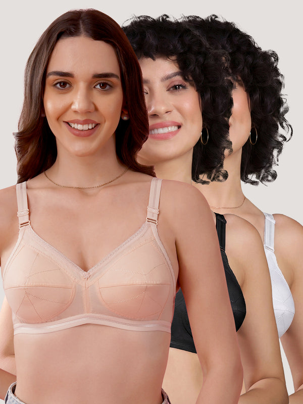 Damini Full Coverage Cotton Everyday Bra | Pack of 3-WHITE BLACK L.PEACH