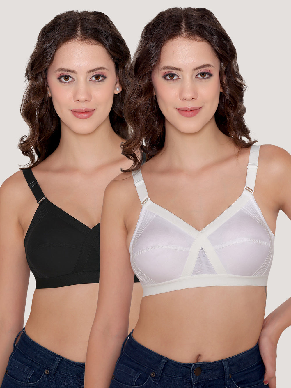 Kalyani Vega Ultimate Support Cross-Front Full Coverage Rich Cotton Bra with Side-Elastic Lift (C-F Cups) | Pack of 2 |WHITE BLACK