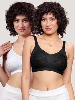 Kalyani Sandy Women’s Full Coverage Non-Padded Lace Bra with M Frame Front Panel Pack of 2 | WHITE BLACK
