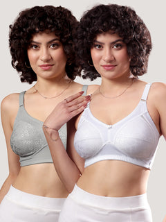 Kalyani Sandy Women’s Full Coverage Non-Padded Lace Bra with M Frame Front Panel Pack of 2 | WHITE L.GREY