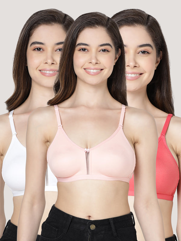 Gloria Full Coverage Double Layered Cups Everyday Bra | Pack of 3-WHITE PEACH HOT PINK