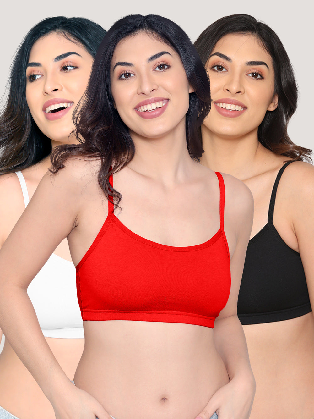 Mia Full Coverage Cotton Beginners Bra | Pack of 3-WHITE RED BLACK