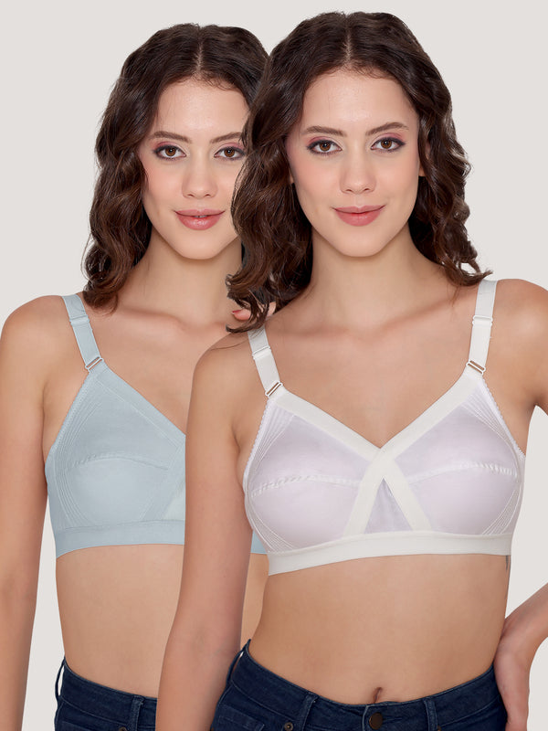 Kalyani Vega Ultimate Support Cross-Front Full Coverage Rich Cotton Bra with Side-Elastic Lift (C-F Cups) | Pack of 2 |WHITE S.BLUE