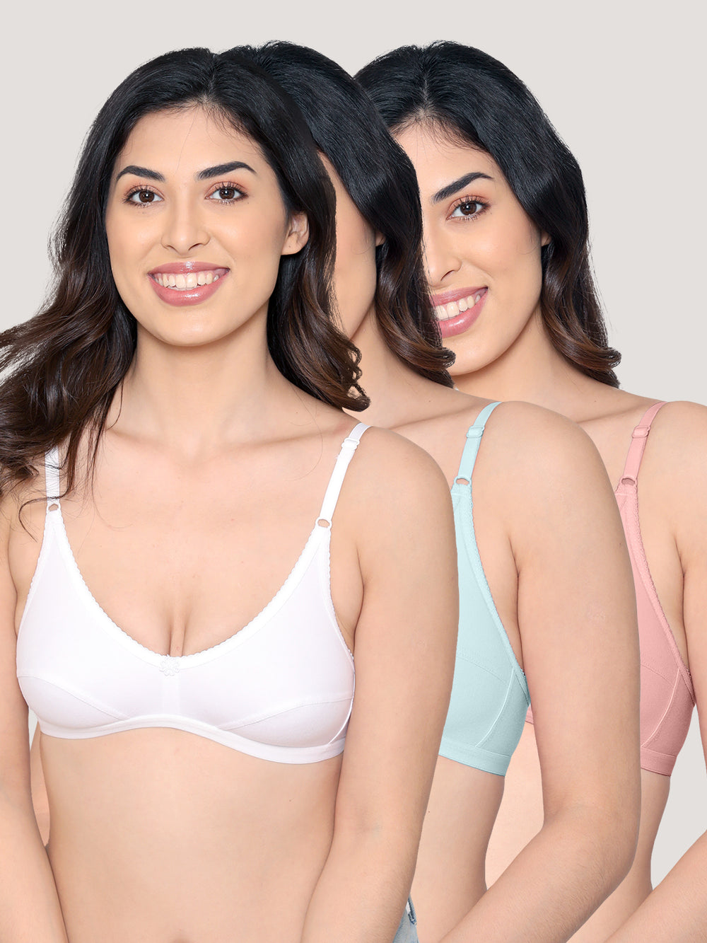 Vidhi Seamed Non-Padded Everyday Bra | Pack of 3-WHITE SKY BLUE CREPE