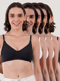Kalyani Rinni Non Padded Everyday Cotton Bra with Minimal Lace Details | WHITE WHITE WHITE BLACK BLACK Pack of 5