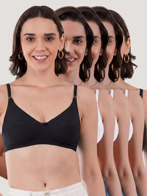 Kalyani Rinni Non Padded Everyday Cotton Bra with Minimal Lace Details | WHITE WHITE WHITE BLACK BLACK Pack of 5