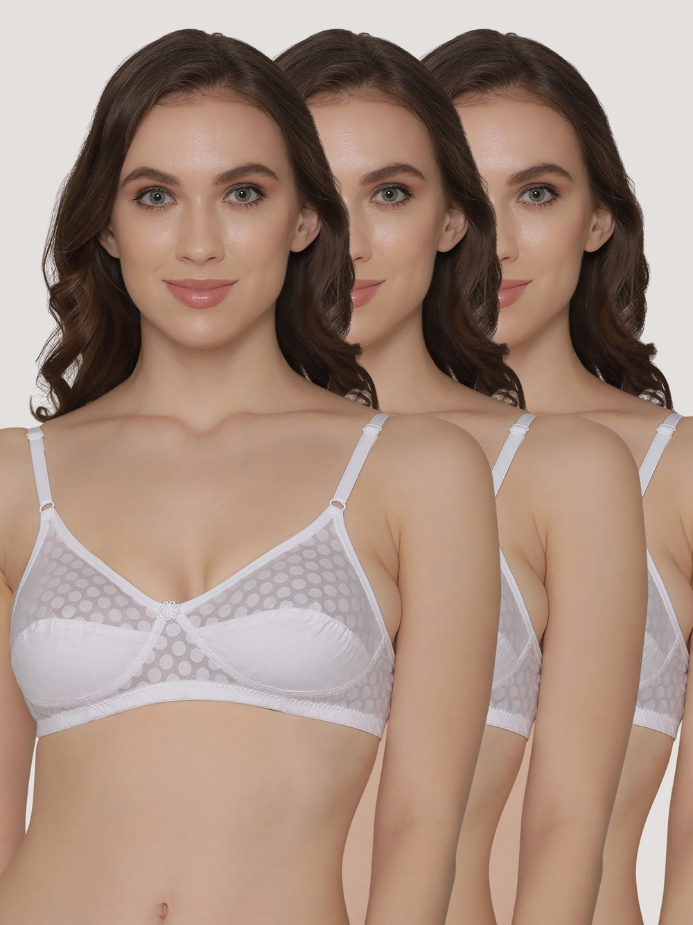 Moon Printed Cotton Polka Dot Daily Wear Bra | Pack of 3-WHITE WHITE WHITE