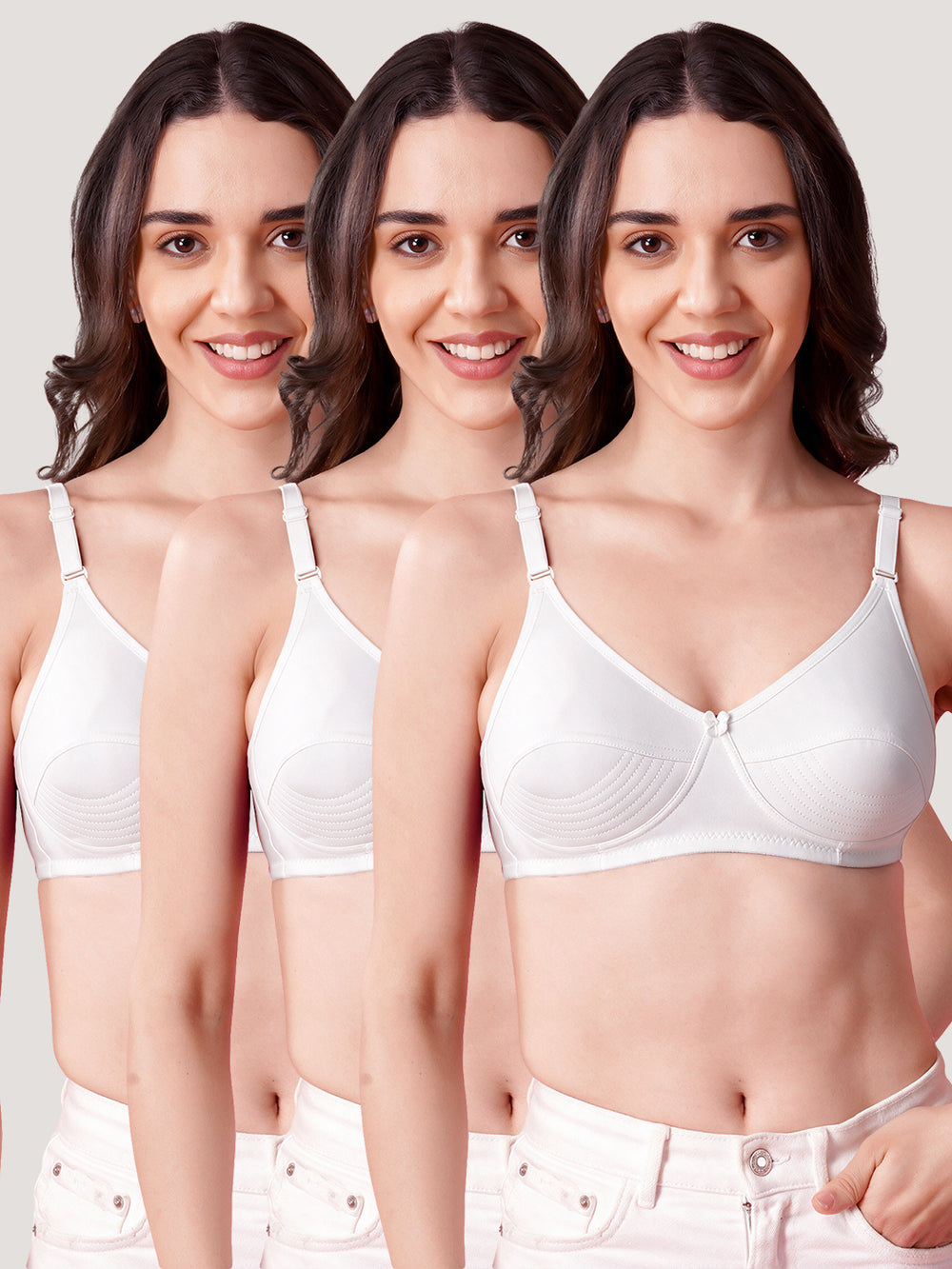 Pranika Non Padded Seamed Everyday Bra | Pack of 3-WHITE WHITE WHITE