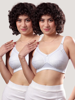 Kalyani Sandy Women’s Full Coverage Non-Padded Lace Bra with M Frame Front Panel Pack of 2 | WHITE WHITE