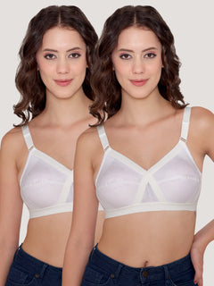Kalyani Vega Ultimate Support Cross-Front Full Coverage Rich Cotton Bra with Side-Elastic Lift (C-F Cups) | Pack of 2 |WHITE WHITE