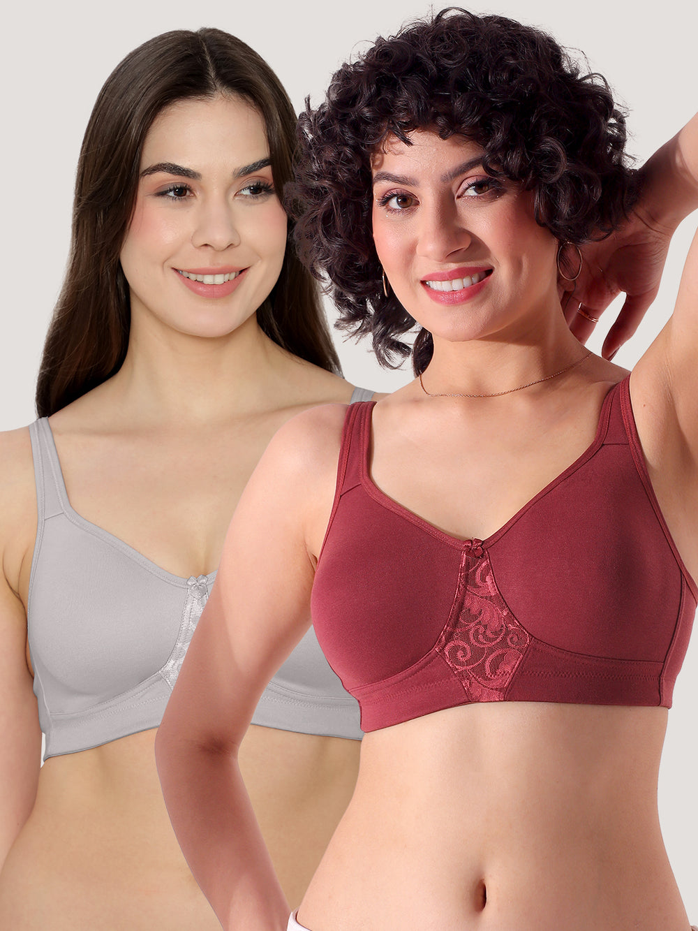 K LINGERIE Chase Double Layered Cups Center Lace Full Coverage Seamless Bra-WINE GREY