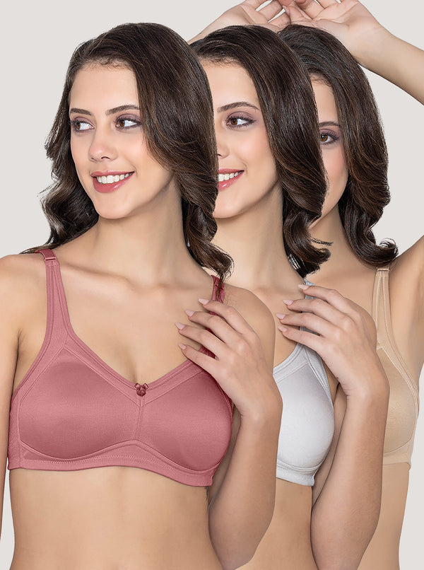 Martin Non-Padded Seamless Cups Moulded Bras with Cushioned Straps | Pack of 3 | WOOD ROSE CAMEL L.GREY