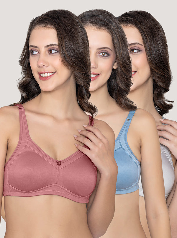 Martin Non-Padded Seamless Cups Moulded Bras with Cushioned Straps | Pack of 3 | WOOD ROSE TEAL BLUE L.GREY