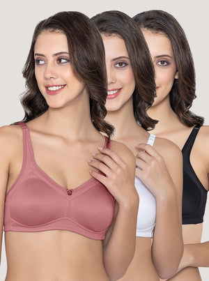 Martin Non-Padded Seamless Cups Moulded Bras with Cushioned Straps | Pack of 3 | WOOD ROSE WHITE BLACK