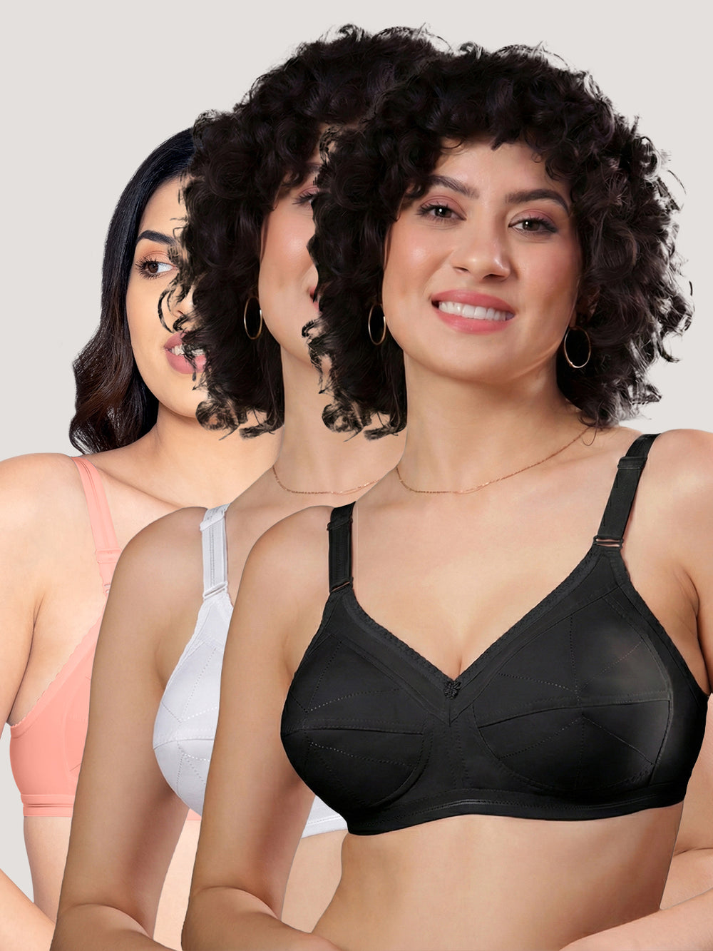 Damini Full Coverage Cotton Everyday Bra | Pack of 3-WHITE BLACK L.PEACH