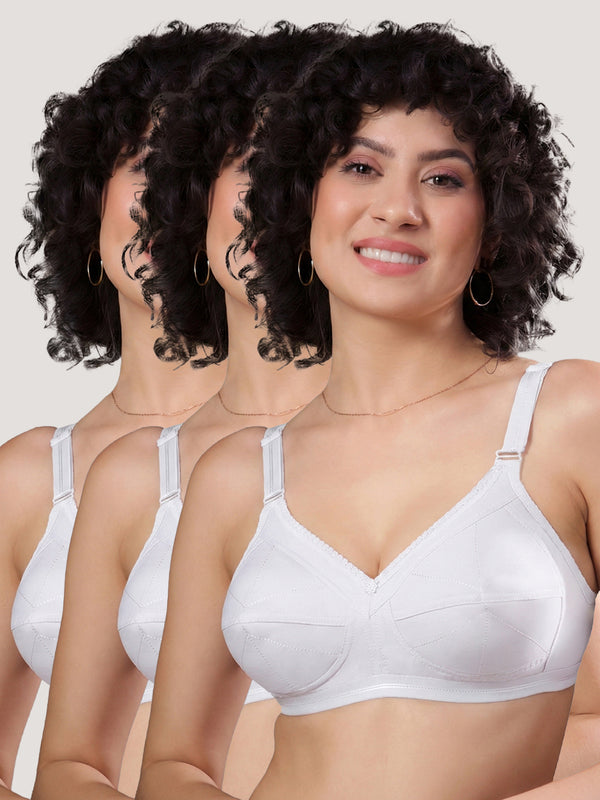 Damini Full Coverage Cotton Everyday Bra | Pack of 3-WHITE WHITE WHITE