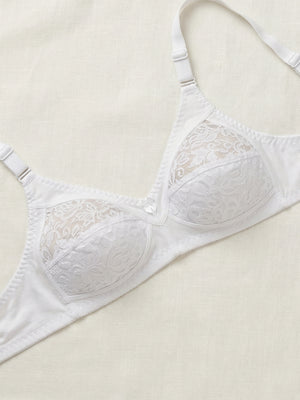 K LINGERIE Clare Women's Full Support Non Padded Delicate Lace Bra-WHITE WHITE