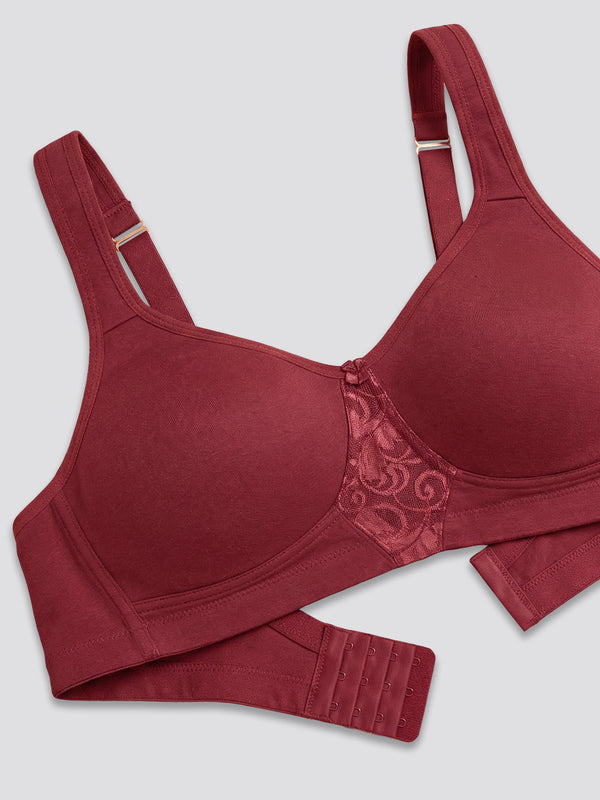 K LINGERIE Chase Double Layered Cups Center Lace Full Coverage Seamless Bra-WINE WINE