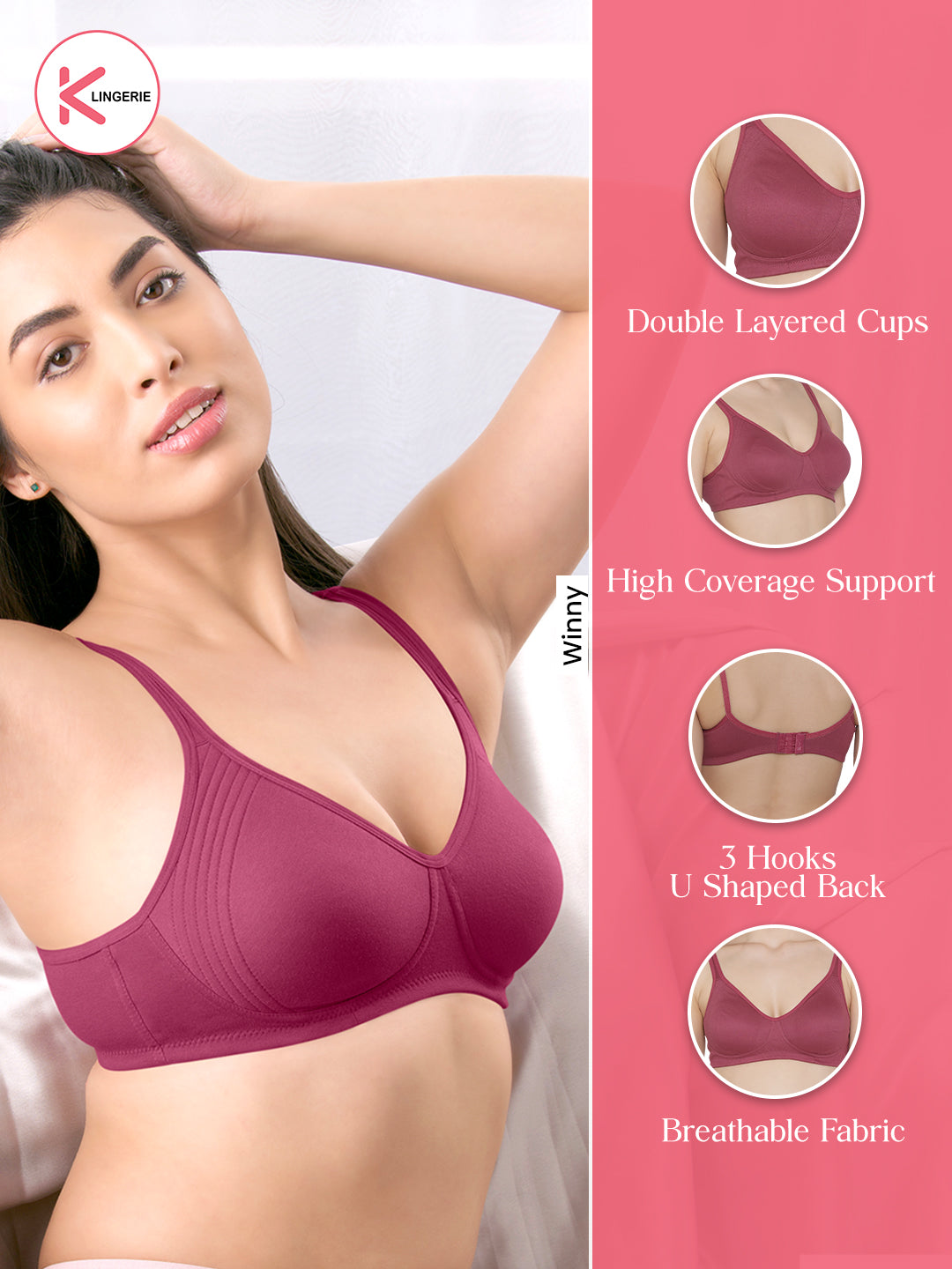 Winny Double Layered Non Padded Everyday Bra-PINK