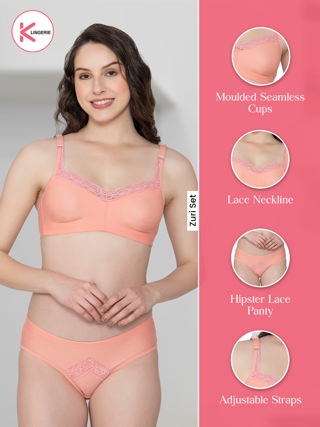 Zuri Everyday Lingerie Set with Lace Neckline-BLUSH