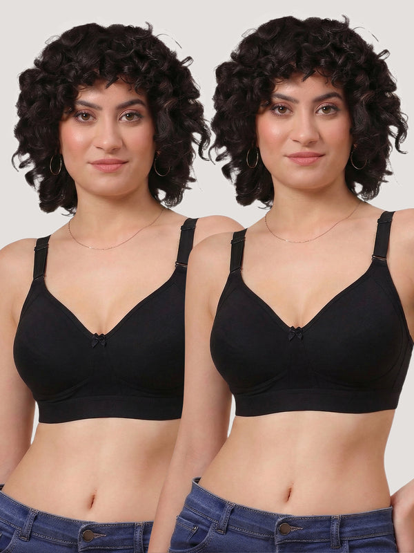 Kalyani Ashley Double Layered Seamless Cups Full Coverage Cotton Lycra Bra | Pack of 2 |BLACK BLACK