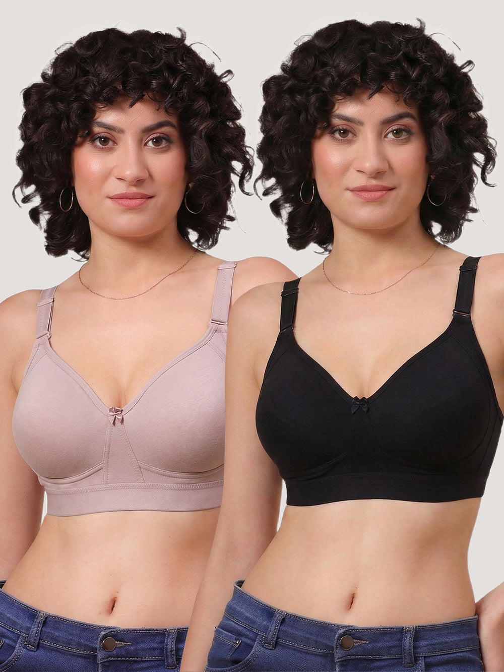 Kalyani Ashley Double Layered Seamless Cups Full Coverage Cotton Lycra Bra | Pack of 2 |FAWN BLACK