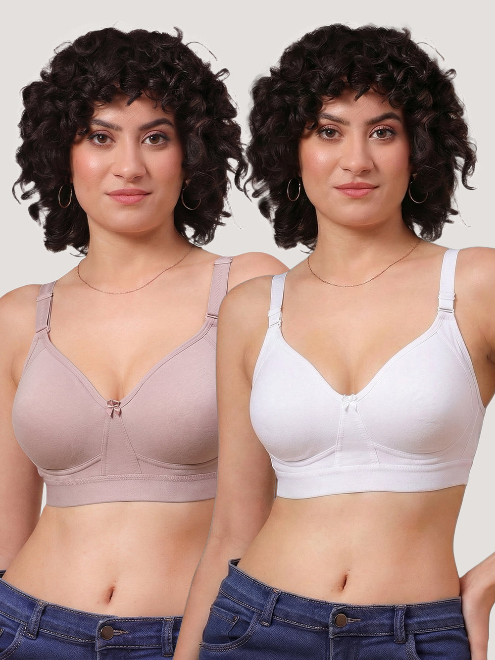 Kalyani Ashley Double Layered Seamless Cups Full Coverage Cotton Lycra Bra | Pack of 2 |FAWN WHITE