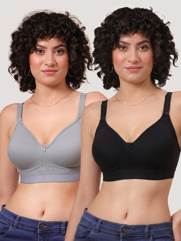 Kalyani Ashley Double Layered Seamless Cups Full Coverage Cotton Lycra Bra | Pack of 2 |GREY BLACK