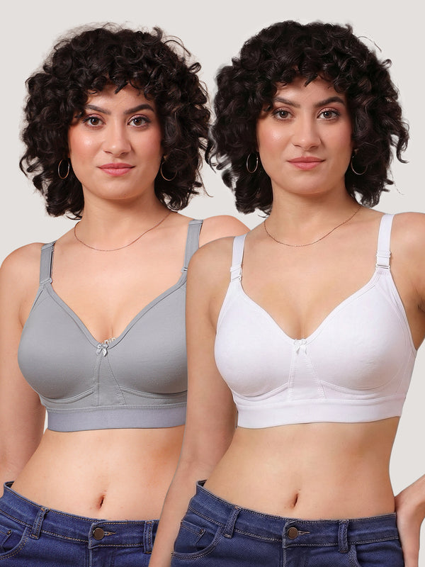 Kalyani Ashley Double Layered Seamless Cups Full Coverage Cotton Lycra Bra | Pack of 2 | GREY WHITE